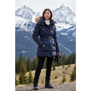 MICHAEL KORS Midnight Blue Faux Fur Hood Belted Puffer Coat - 2 Sizes Available